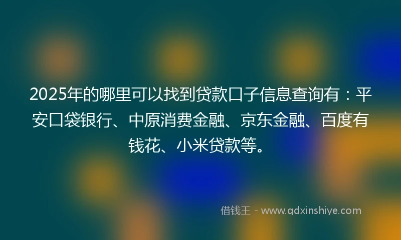2025年的哪里可以找到贷款口子信息查询有：平安口袋银行、中原消费金融、京东金融、百度有钱花、小米贷款等。