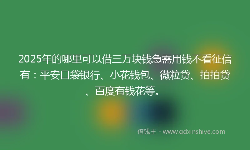 2025年的哪里可以借三万块钱急需用钱不看征信有：平安口袋银行、小花钱包、微粒贷、拍拍贷、百度有钱花等。