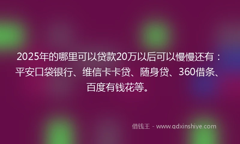 2025年的哪里可以贷款20万以后可以慢慢还有：平安口袋银行、维信卡卡贷、随身贷、360借条、百度有钱花等。