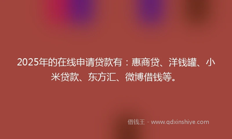 2025年的在线申请贷款有：惠商贷、洋钱罐、小米贷款、东方汇、微博借钱等。