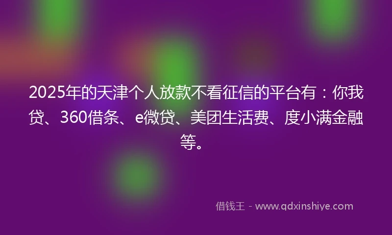 2025年的天津个人放款不看征信的平台有：你我贷、360借条、e微贷、美团生活费、度小满金融等。