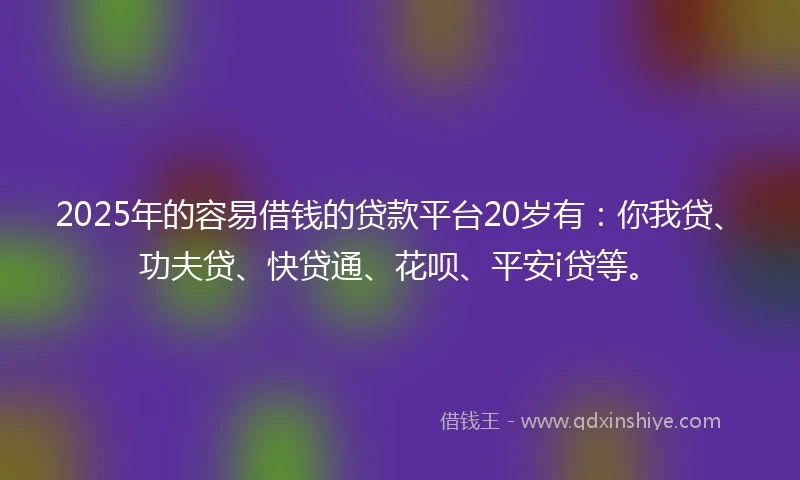 2025年的容易借钱的贷款平台20岁有：你我贷、功夫贷、快贷通、花呗、平安i贷等。