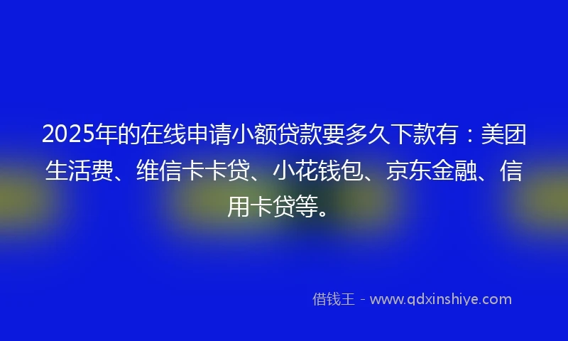 2025年的在线申请小额贷款要多久下款有：美团生活费、维信卡卡贷、小花钱包、京东金融、信用卡贷等。