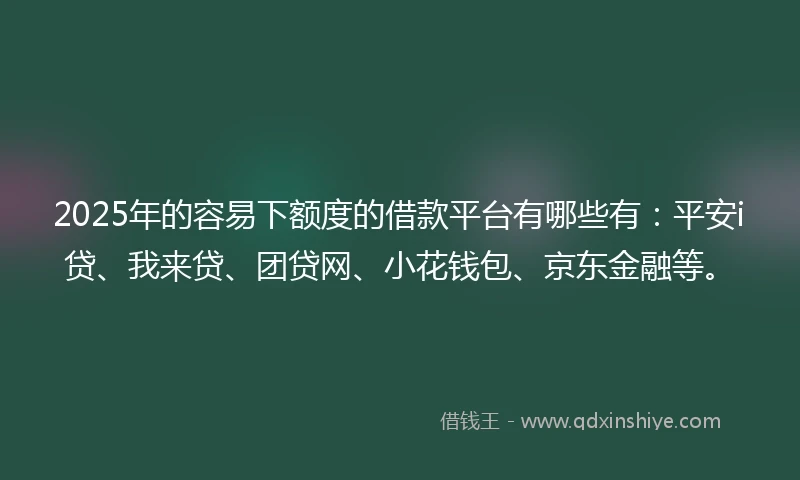 2025年的容易下额度的借款平台有哪些有：平安i贷、我来贷、团贷网、小花钱包、京东金融等。