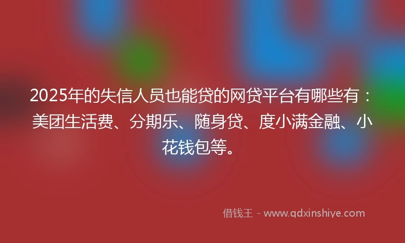 2025年的失信人员也能贷的网贷平台有哪些有：美团生活费、分期乐、随身贷、度小满金融、小花钱包等。