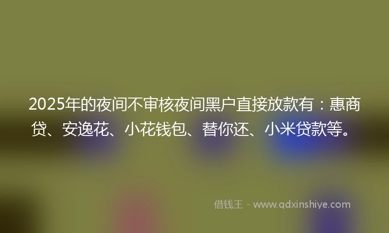 2025年的夜间不审核夜间黑户直接放款有：惠商贷、安逸花、小花钱包、替你还、小米贷款等。
