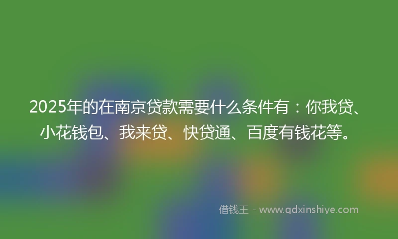 2025年的在南京贷款需要什么条件有：你我贷、小花钱包、我来贷、快贷通、百度有钱花等。