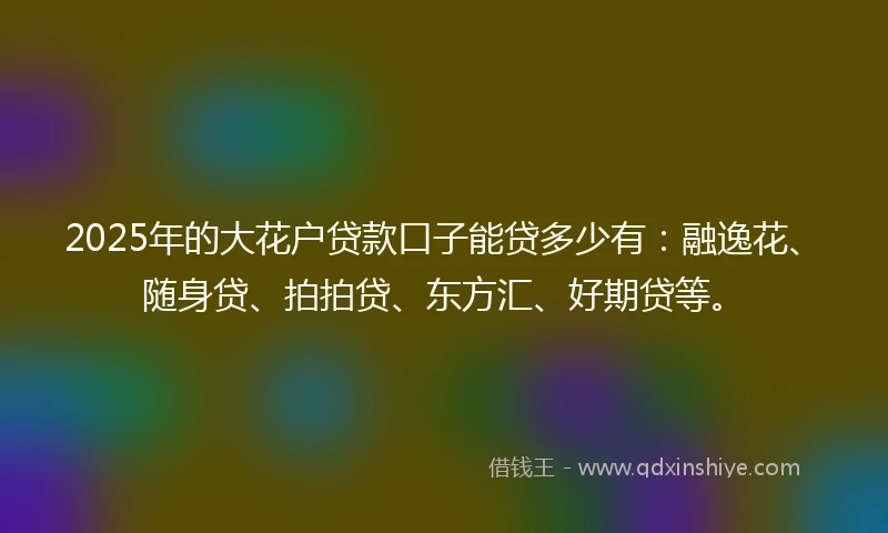 2025年的大花户贷款口子能贷多少有:融逸花、随身贷、拍拍贷、东方汇、好期贷等。