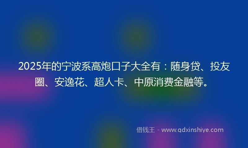 2025年的宁波系高炮口子大全有：随身贷、投友圈、安逸花、超人卡、中原消费金融等。