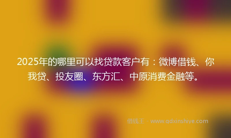 2025年的哪里可以找贷款客户有：微博借钱、你我贷、投友圈、东方汇、中原消费金融等。