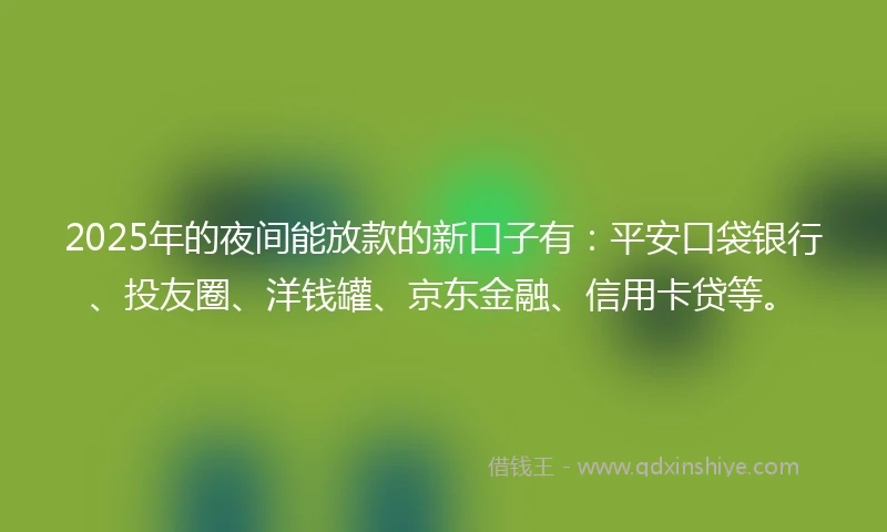 2025年的夜间能放款的新口子有：平安口袋银行、投友圈、洋钱罐、京东金融、信用卡贷等。
