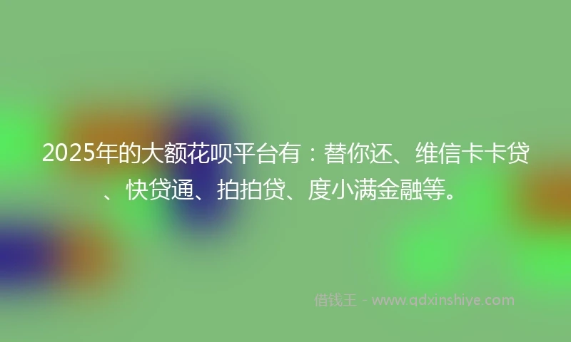 2025年的大额花呗平台有：替你还、维信卡卡贷、快贷通、拍拍贷、度小满金融等。