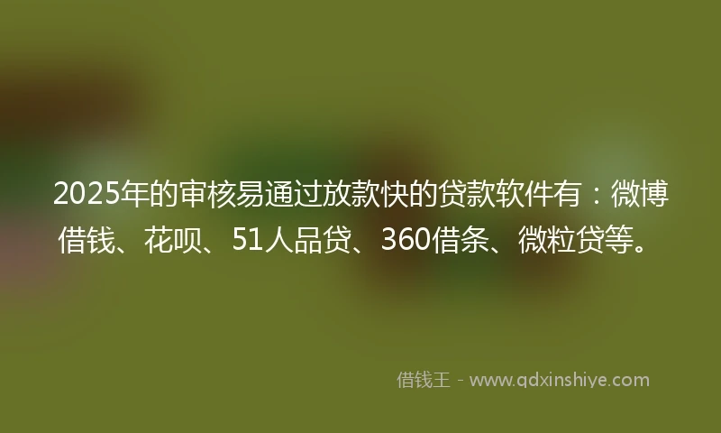 2025年的审核易通过放款快的贷款软件有：微博借钱、花呗、51人品贷、360借条、微粒贷等。