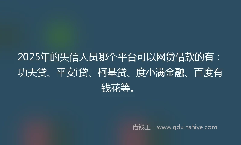 2025年的失信人员哪个平台可以网贷借款的有：功夫贷、平安i贷、柯基贷、度小满金融、百度有钱花等。
