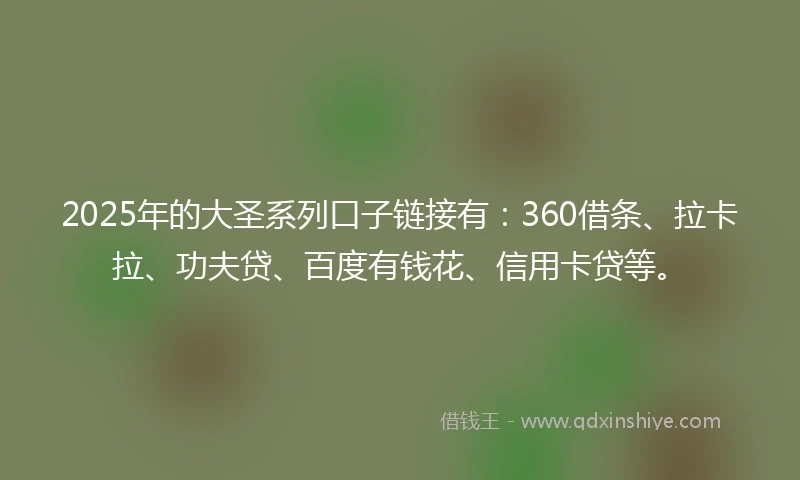 2025年的大圣系列口子链接有：360借条、拉卡拉、功夫贷、百度有钱花、信用卡贷等。