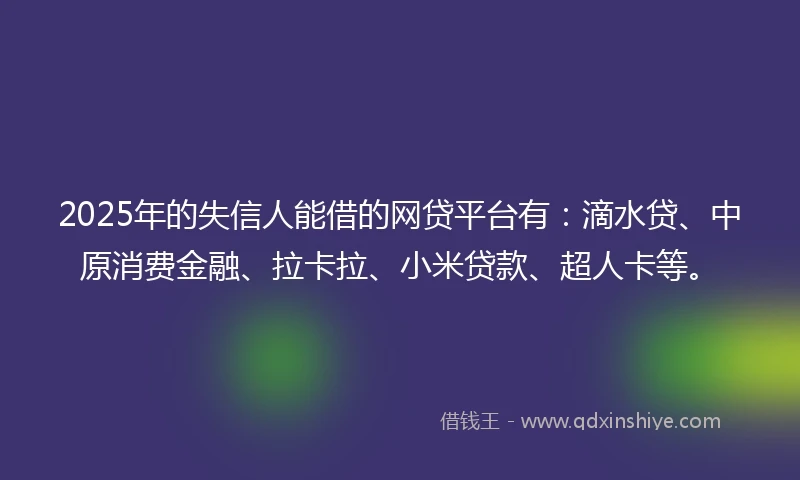 2025年的失信人能借的网贷平台有：滴水贷、中原消费金融、拉卡拉、小米贷款、超人卡等。