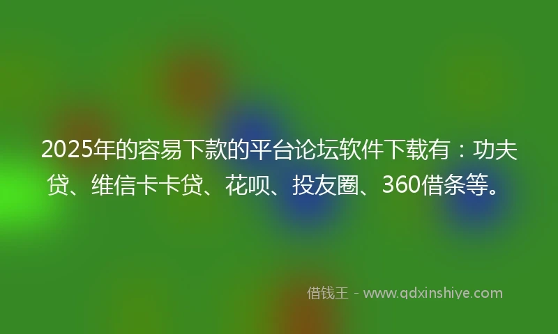 2025年的容易下款的平台论坛软件下载有：功夫贷、维信卡卡贷、花呗、投友圈、360借条等。