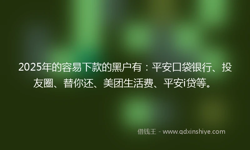 2025年的容易下款的黑户有：平安口袋银行、投友圈、替你还、美团生活费、平安i贷等。