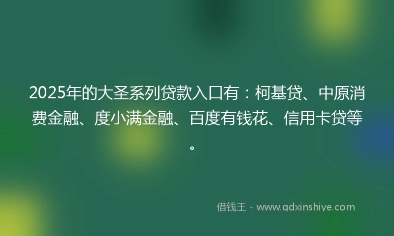 2025年的大圣系列贷款入口有：柯基贷、中原消费金融、度小满金融、百度有钱花、信用卡贷等。