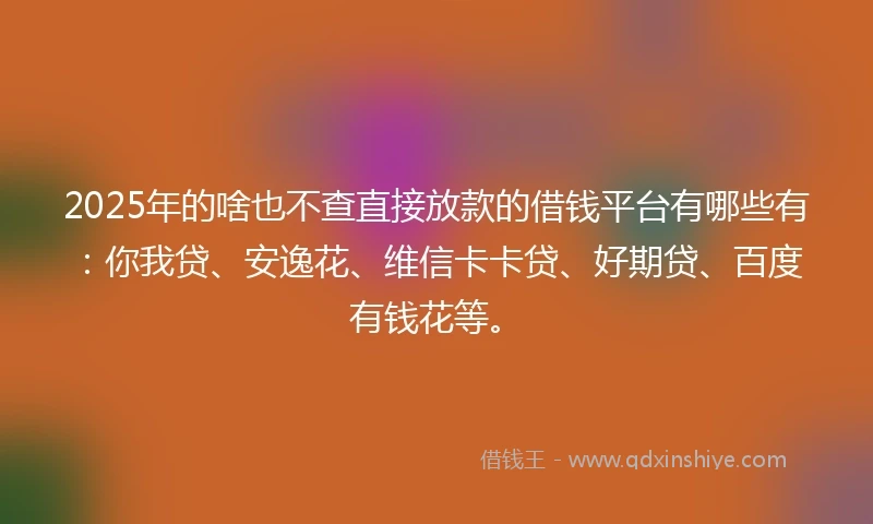 2025年的啥也不查直接放款的借钱平台有哪些有：你我贷、安逸花、维信卡卡贷、好期贷、百度有钱花等。