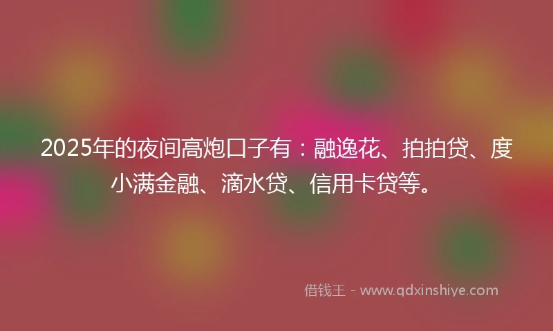 2025年的夜间高炮口子有：融逸花、拍拍贷、度小满金融、滴水贷、信用卡贷等。