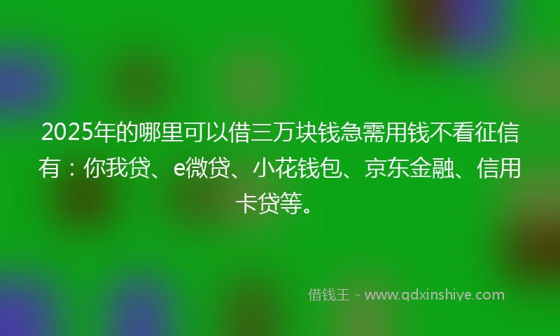 2025年的哪里可以借三万块钱急需用钱不看征信有：你我贷、e微贷、小花钱包、京东金融、信用卡贷等。