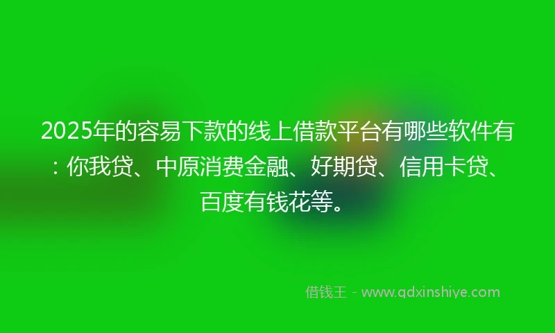 2025年的容易下款的线上借款平台有哪些软件有：你我贷、中原消费金融、好期贷、信用卡贷、百度有钱花等。