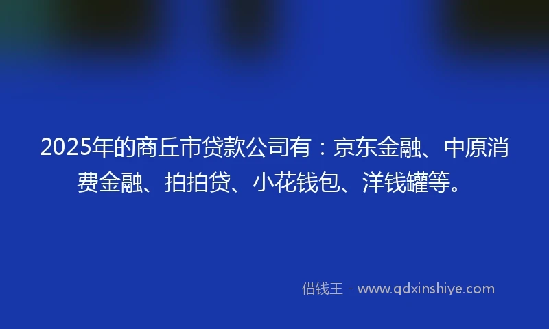 2025年的商丘市贷款公司有：京东金融、中原消费金融、拍拍贷、小花钱包、洋钱罐等。