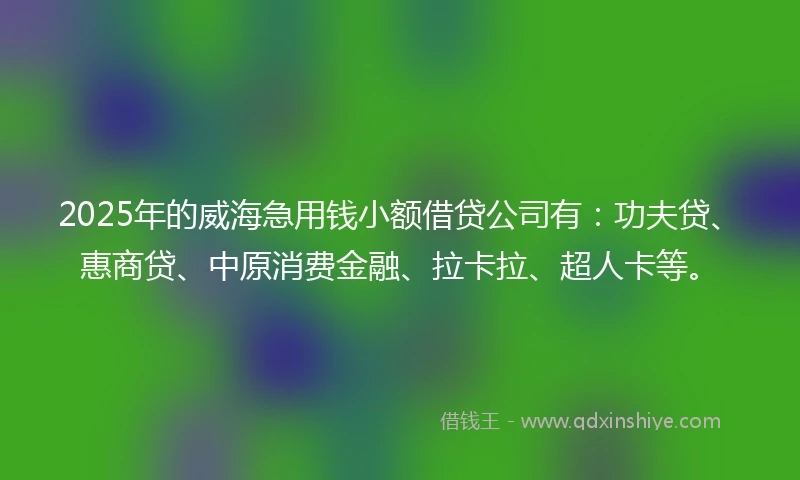 2025年的威海急用钱小额借贷公司有：功夫贷、惠商贷、中原消费金融、拉卡拉、超人卡等。