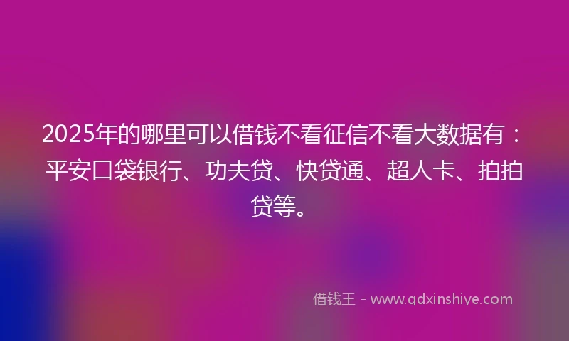 2025年的哪里可以借钱不看征信不看大数据有：平安口袋银行、功夫贷、快贷通、超人卡、拍拍贷等。