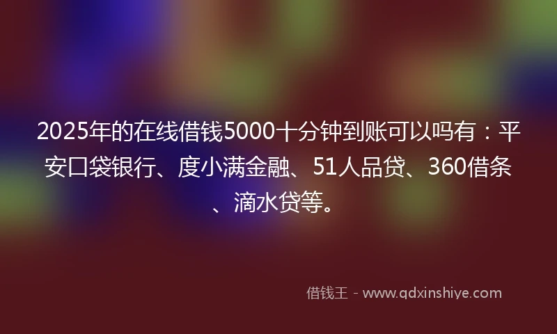 2025年的在线借钱5000十分钟到账可以吗有:平安口袋银行、度小满金融、51人品贷、360借条、滴水贷等。