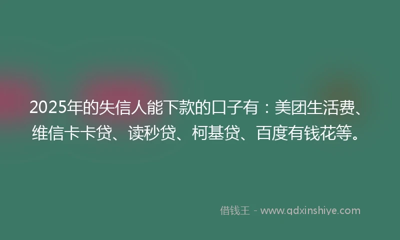 2025年的失信人能下款的口子有：美团生活费、维信卡卡贷、读秒贷、柯基贷、百度有钱花等。