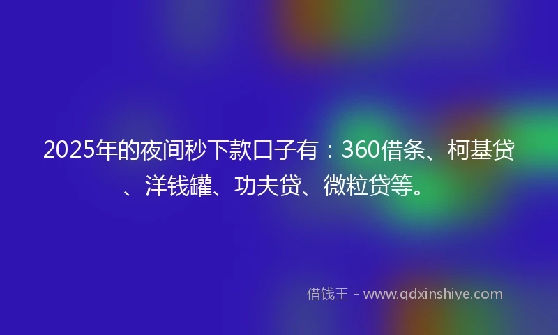 2025年的夜间秒下款口子有：360借条、柯基贷、洋钱罐、功夫贷、微粒贷等。