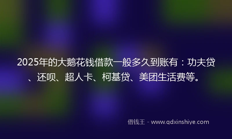 2025年的大鹅花钱借款一般多久到账有：功夫贷、还呗、超人卡、柯基贷、美团生活费等。