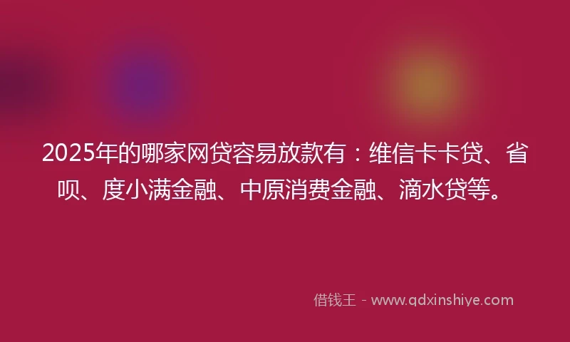 2025年的哪家网贷容易放款有：维信卡卡贷、省呗、度小满金融、中原消费金融、滴水贷等。