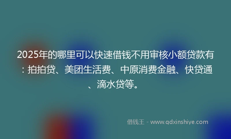 2025年的哪里可以快速借钱不用审核小额贷款有：拍拍贷、美团生活费、中原消费金融、快贷通、滴水贷等。