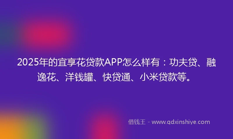 2025年的宜享花贷款APP怎么样有：功夫贷、融逸花、洋钱罐、快贷通、小米贷款等。