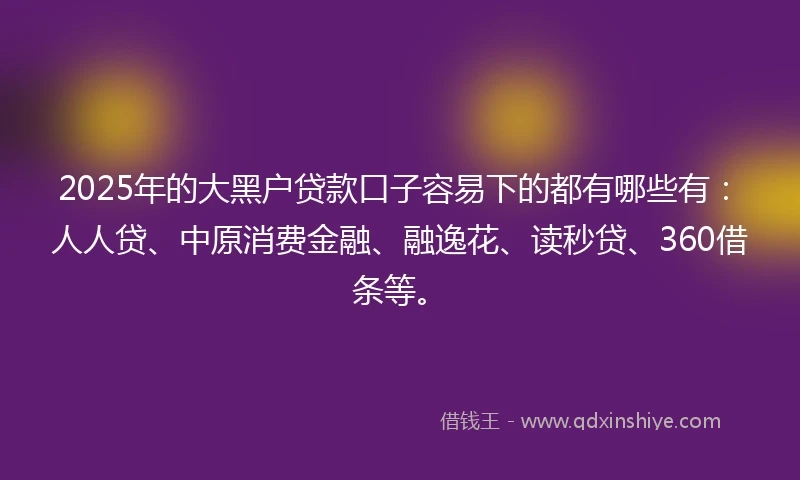 2025年的大黑户贷款口子容易下的都有哪些有：人人贷、中原消费金融、融逸花、读秒贷、360借条等。