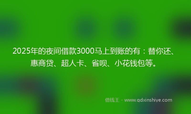2025年的夜间借款3000马上到账的有：替你还、惠商贷、超人卡、省呗、小花钱包等。