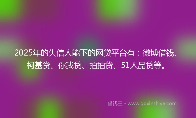2025年的失信人能下的网贷平台有：微博借钱、柯基贷、你我贷、拍拍贷、51人品贷等。