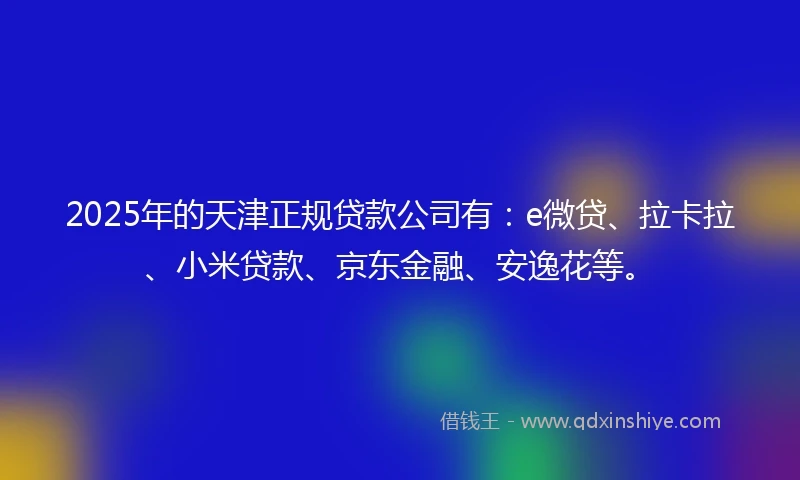 2025年的天津正规贷款公司有:e微贷、拉卡拉、小米贷款、京东金融、安逸花等。