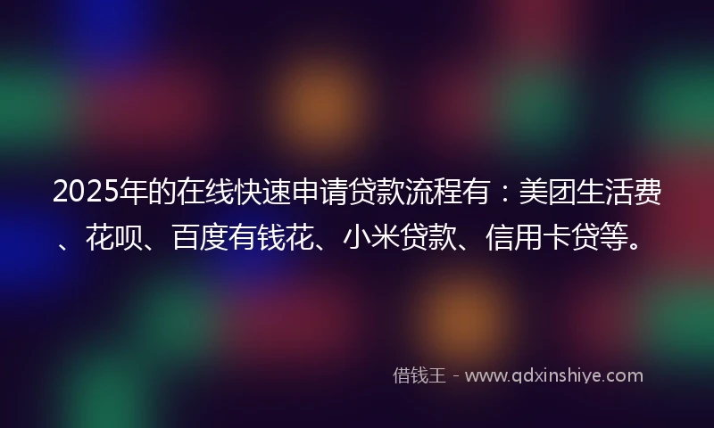 2025年的在线快速申请贷款流程有：美团生活费、花呗、百度有钱花、小米贷款、信用卡贷等。