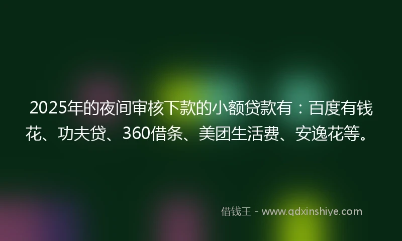 2025年的夜间审核下款的小额贷款有：百度有钱花、功夫贷、360借条、美团生活费、安逸花等。
