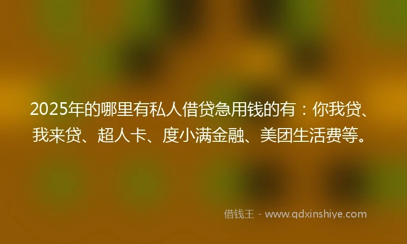 2025年的哪里有私人借贷急用钱的有：你我贷、我来贷、超人卡、度小满金融、美团生活费等。