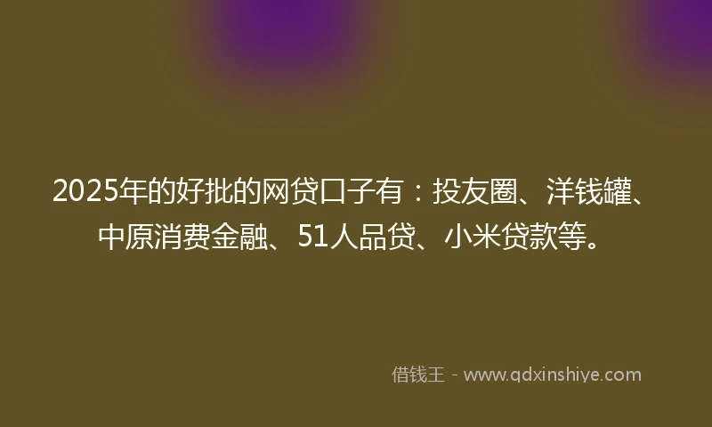2025年的好批的网贷口子有：投友圈、洋钱罐、中原消费金融、51人品贷、小米贷款等。