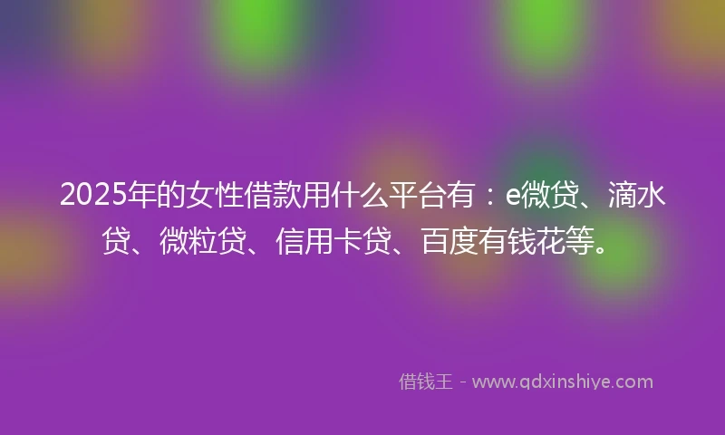 2025年的女性借款用什么平台有:e微贷、滴水贷、微粒贷、信用卡贷、百度有钱花等。