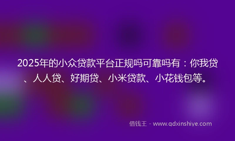 2025年的小众贷款平台正规吗可靠吗有：你我贷、人人贷、好期贷、小米贷款、小花钱包等。