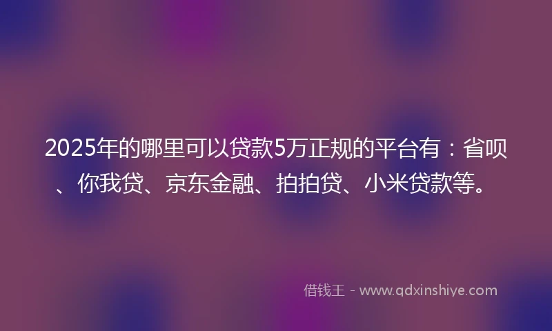 2025年的哪里可以贷款5万正规的平台有：省呗、你我贷、京东金融、拍拍贷、小米贷款等。