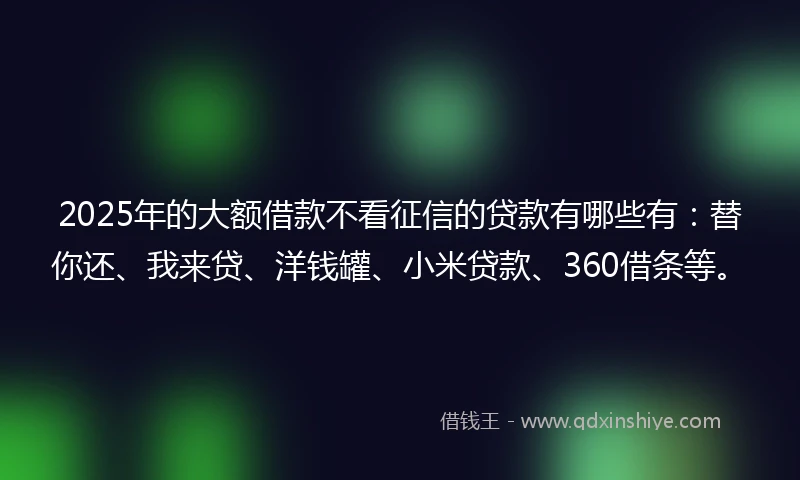 2025年的大额借款不看征信的贷款有哪些有：替你还、我来贷、洋钱罐、小米贷款、360借条等。