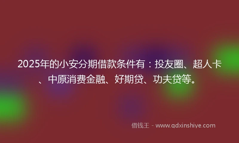 2025年的小安分期借款条件有：投友圈、超人卡、中原消费金融、好期贷、功夫贷等。